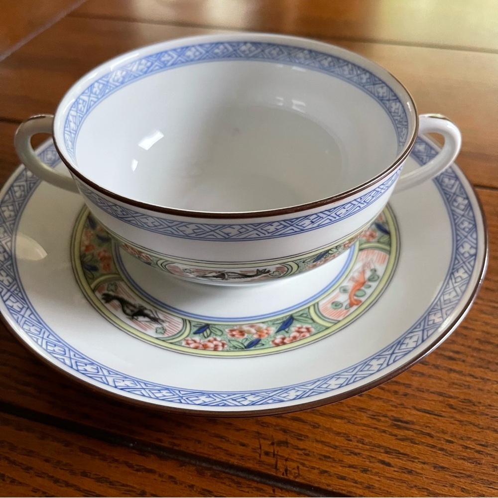 Limoges France Raynaud Kan Sou Double Handled Cream Soup Bowl and Saucer